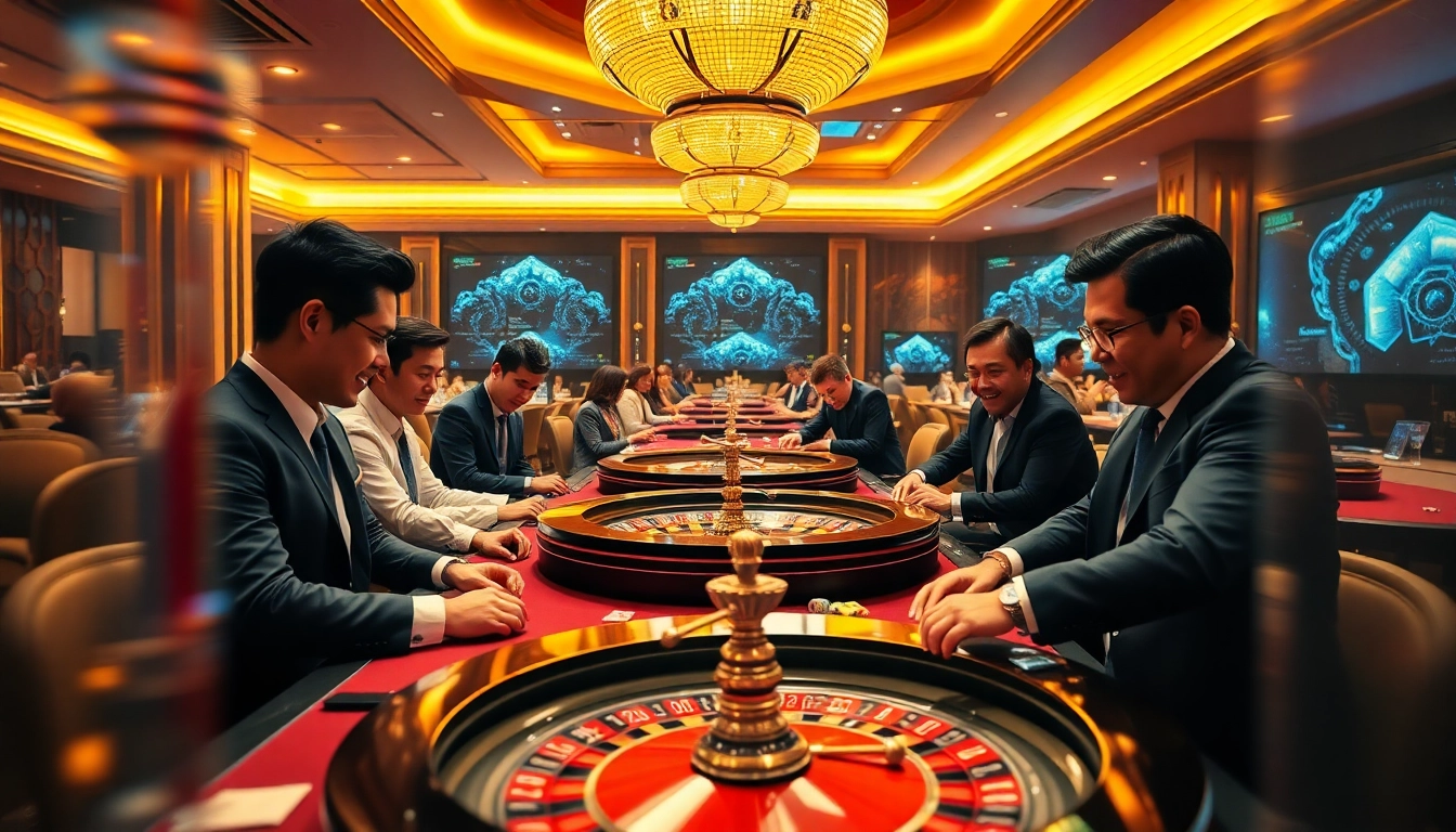Tác giả RIKVIP enhances the excitement at a high-stakes poker table in a luxurious casino.