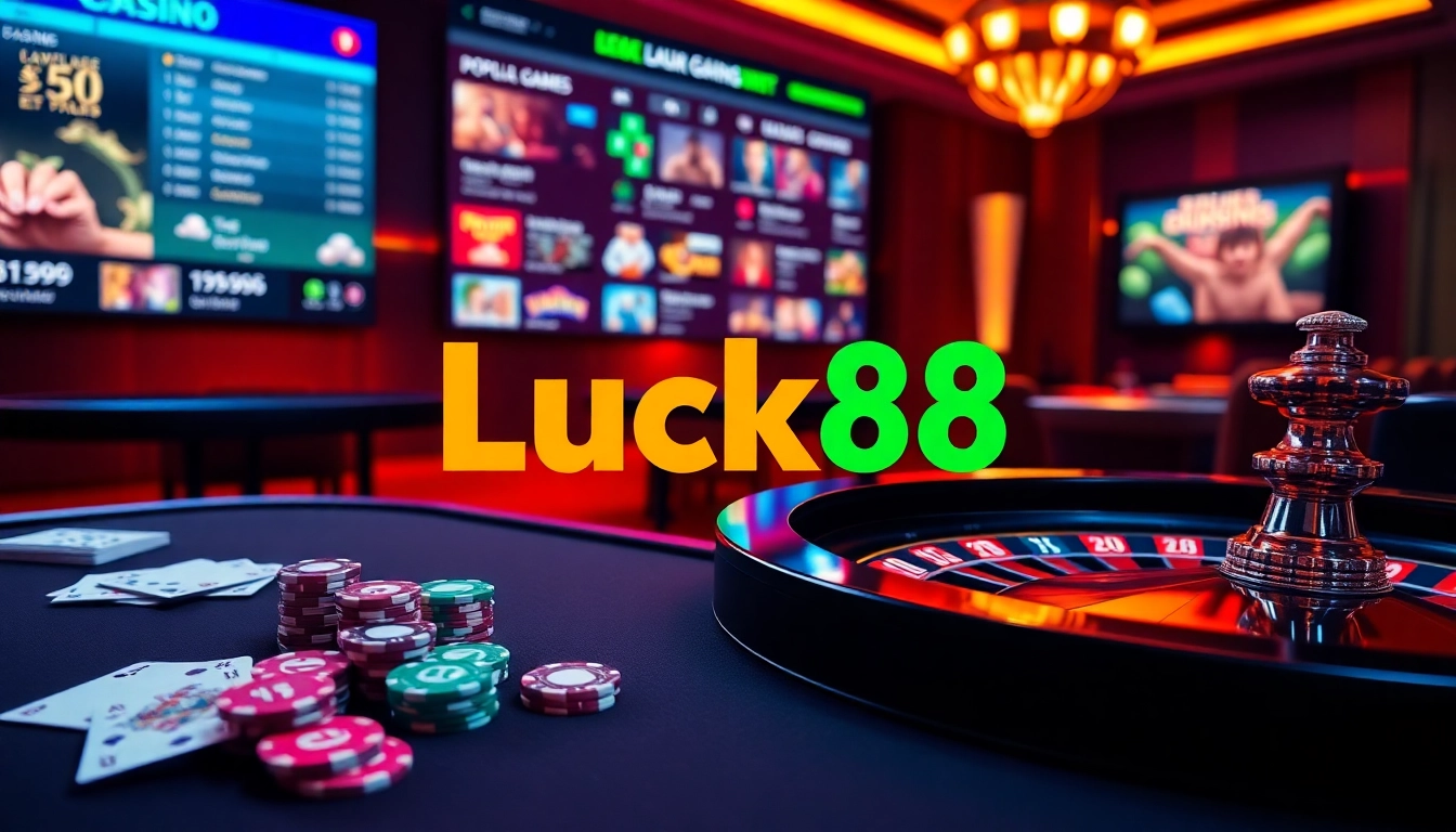 Engage with Luck8's online gaming experience featuring poker chips, a roulette wheel, and gaming tables.