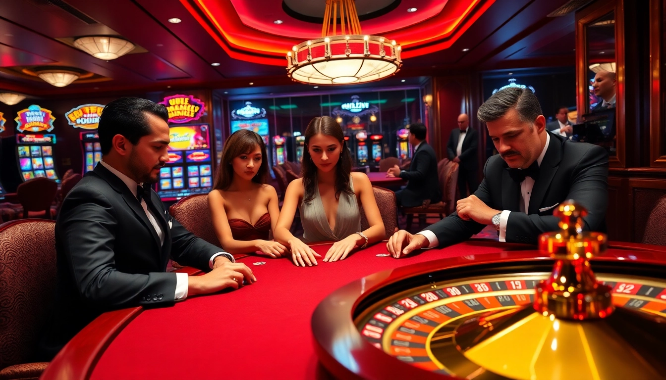 S88 casino players strategizing at a luxurious poker table in a glamorous casino setting.