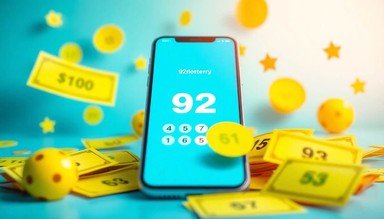 92lottery mobile app interface surrounded by lottery tickets and vibrant colors, depicting online gaming excitement.