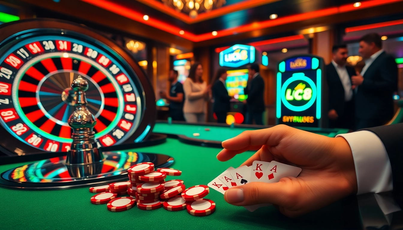 Trải nghiệm cảm giác hồi hộp từ các trò chơi casino LUCK8 với những đồng chip poker rực rỡ và bánh xe roulette.