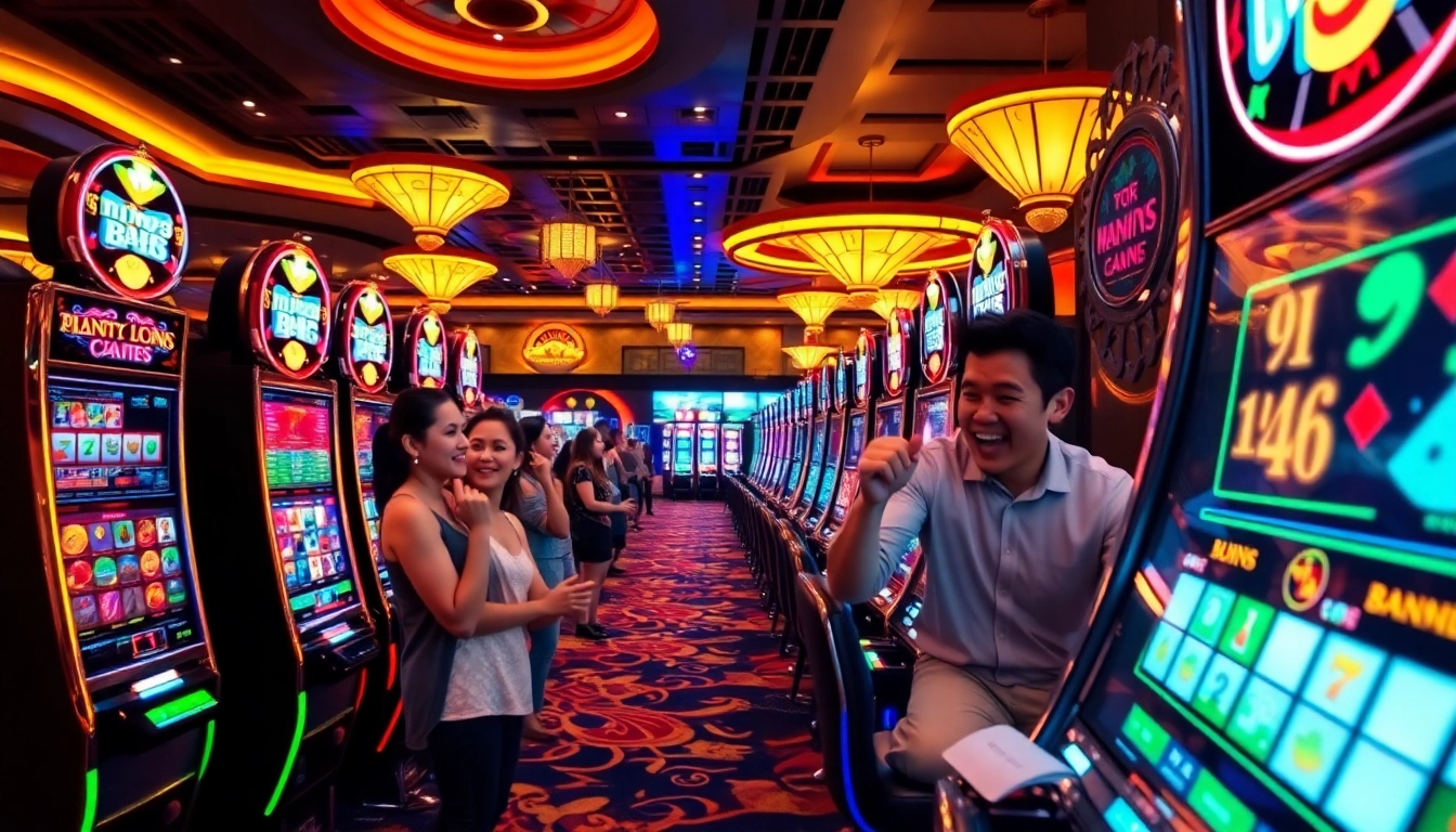 Engaging players enjoying nổ hũ slot games in a luxurious casino setting.