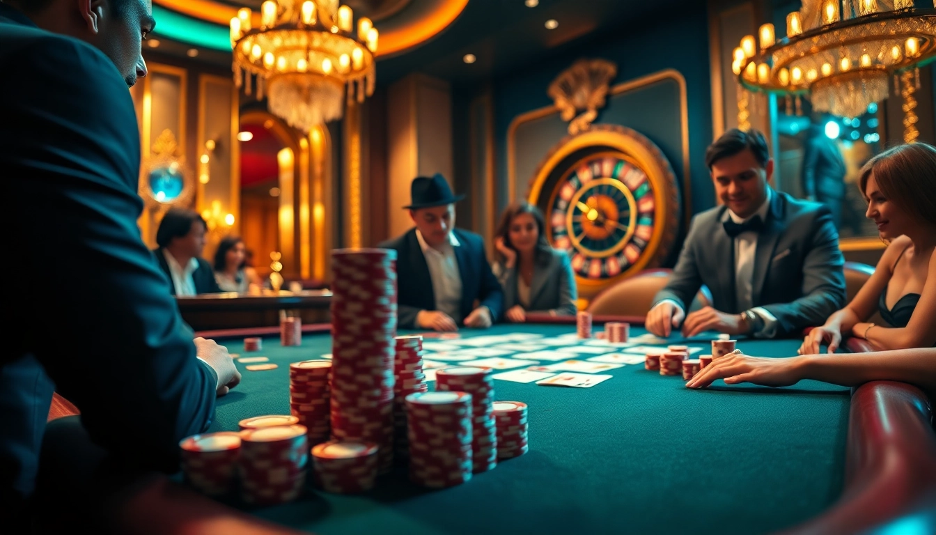 Experience fly88 excitement at a luxurious poker table surrounded by stylish players and vibrant casino elements.