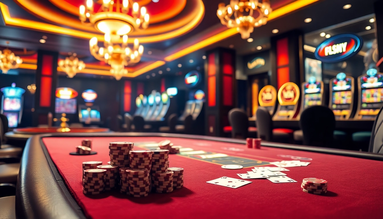 Experience the thrill of gaming at trang FLY88 chính thức with vibrant casino tables and poker chips.