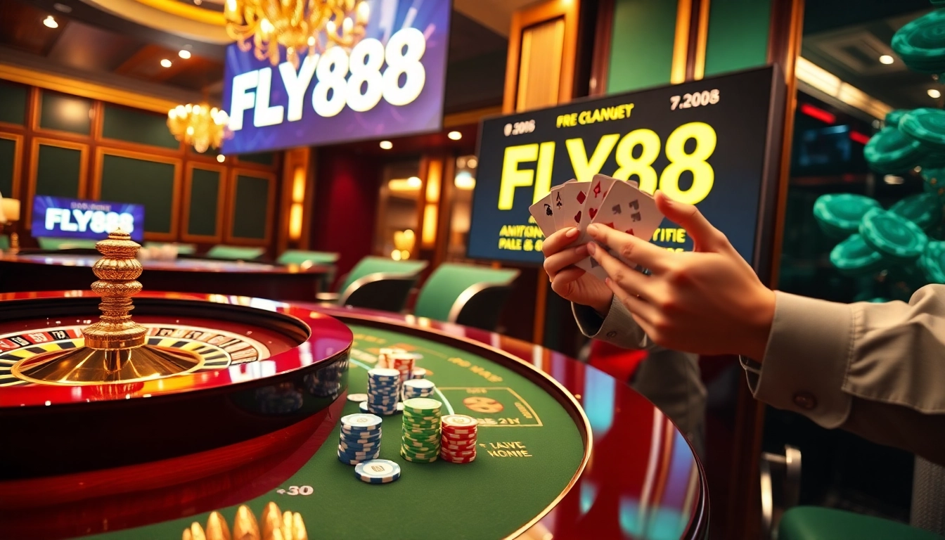 Players enjoying FLY88 casino games with poker chips and enticing promotions.