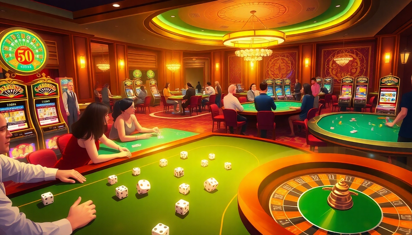 Players enjoying their time at the iwin club casino tables, with vibrant slot machines and luxurious decor.
