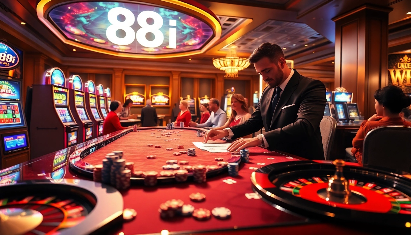 Casino gaming table featuring 88i-themed poker chips and vibrant slot machines, capturing the thrill of gambling.