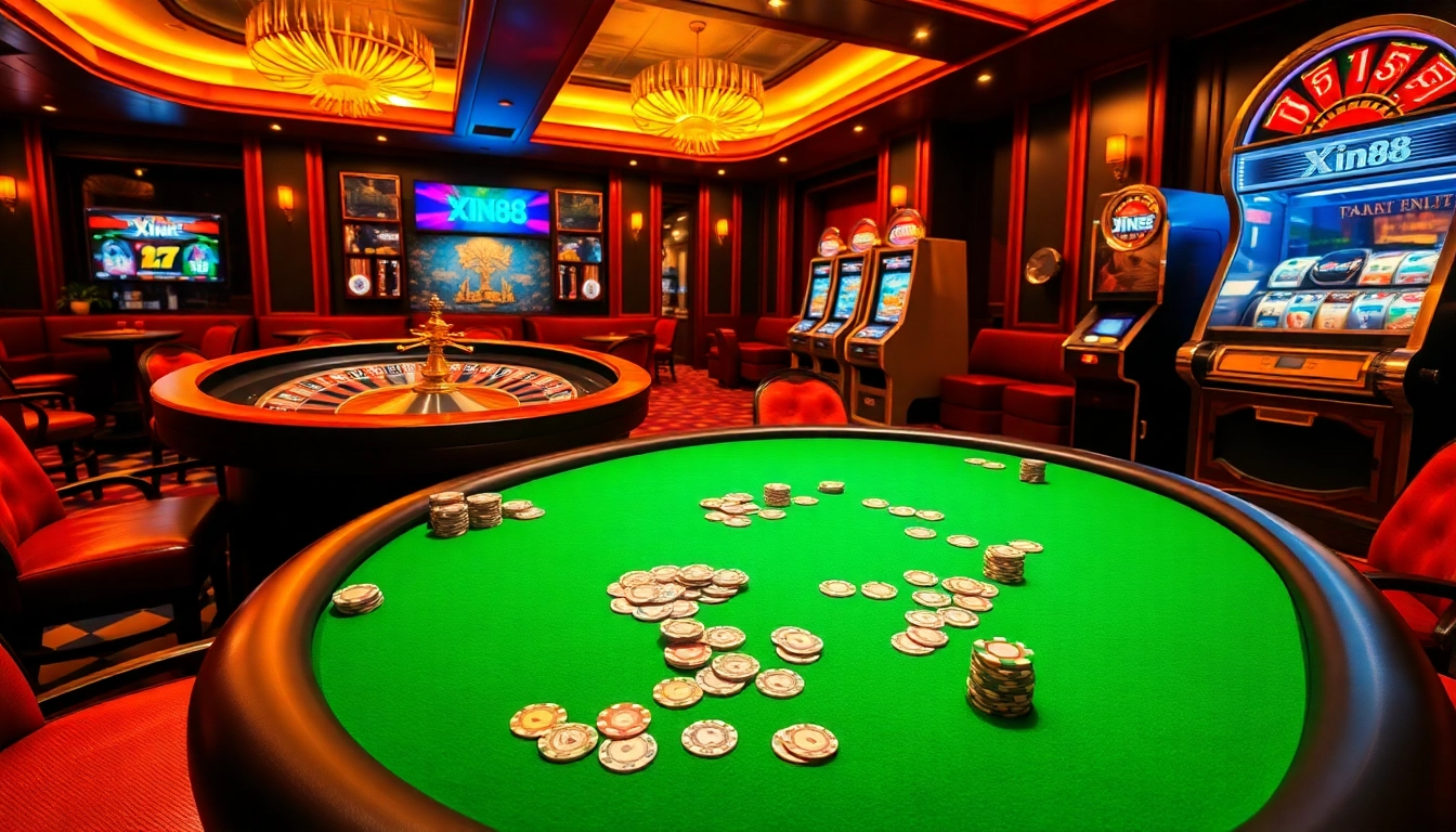 Experience the thrill of xin88 at a vibrant casino table with colorful poker chips and cards.
