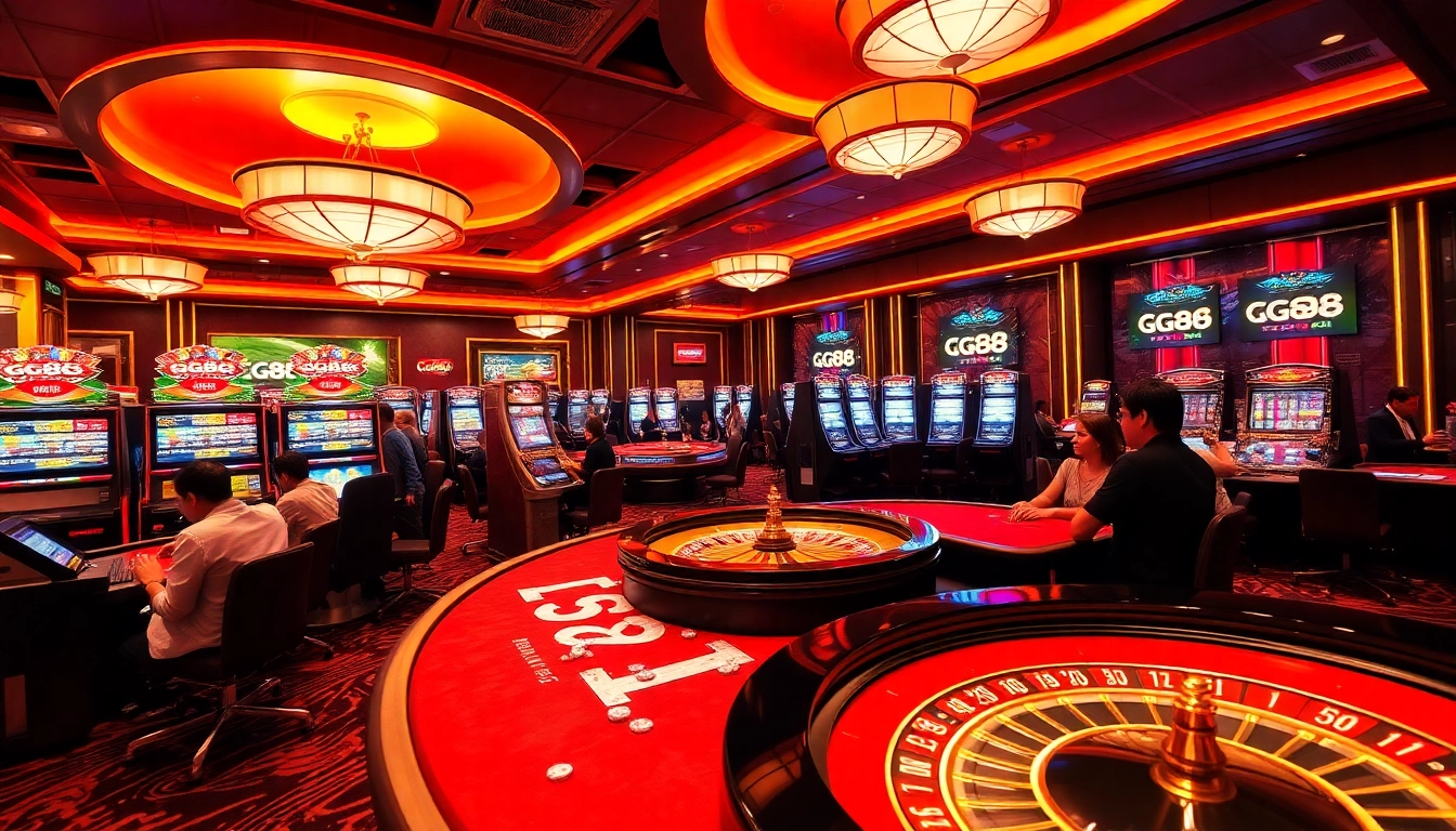 Players enjoying games at GG88 Tech, featuring vibrant casino tables and slot machines.