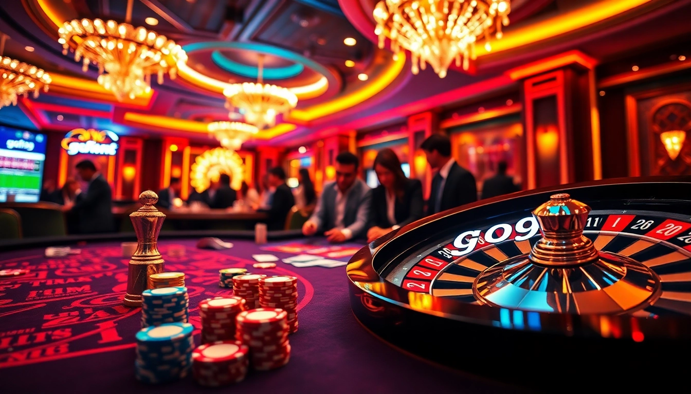 Players engaged at a poker table in a vibrant casino scene featuring go99 interface on an OLED screen.