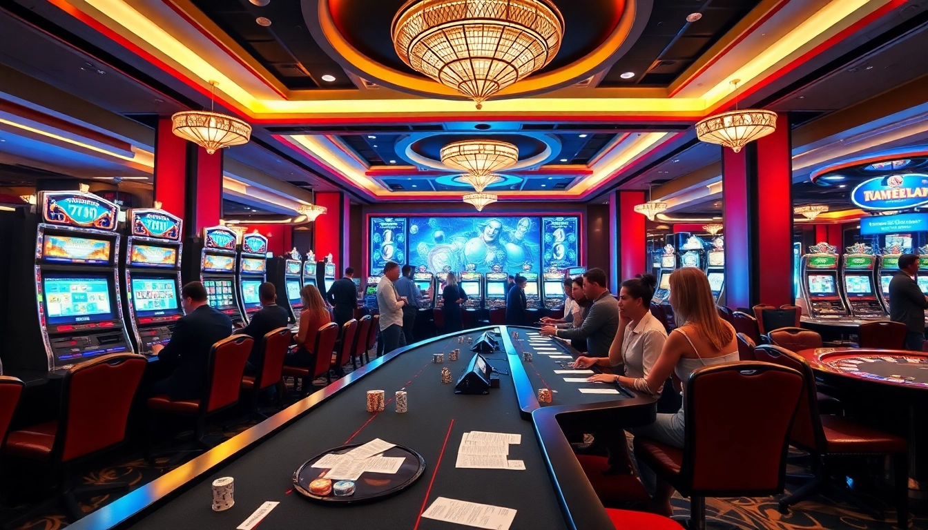 A vibrant casino scene at 789club featuring players at poker tables and slot machines, capturing the thrill of gambling.