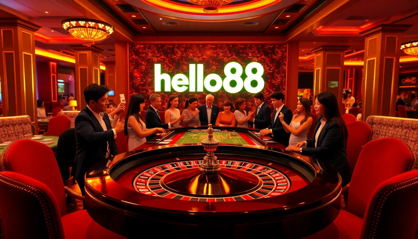 Experience the excitement of gambling at hello88's luxurious casino with roulette and vibrant players.