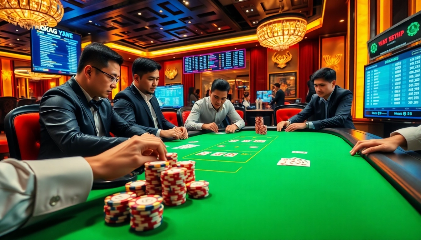 Gamblers analyze Kèo Bóng Đá betting odds at a luxurious casino table.