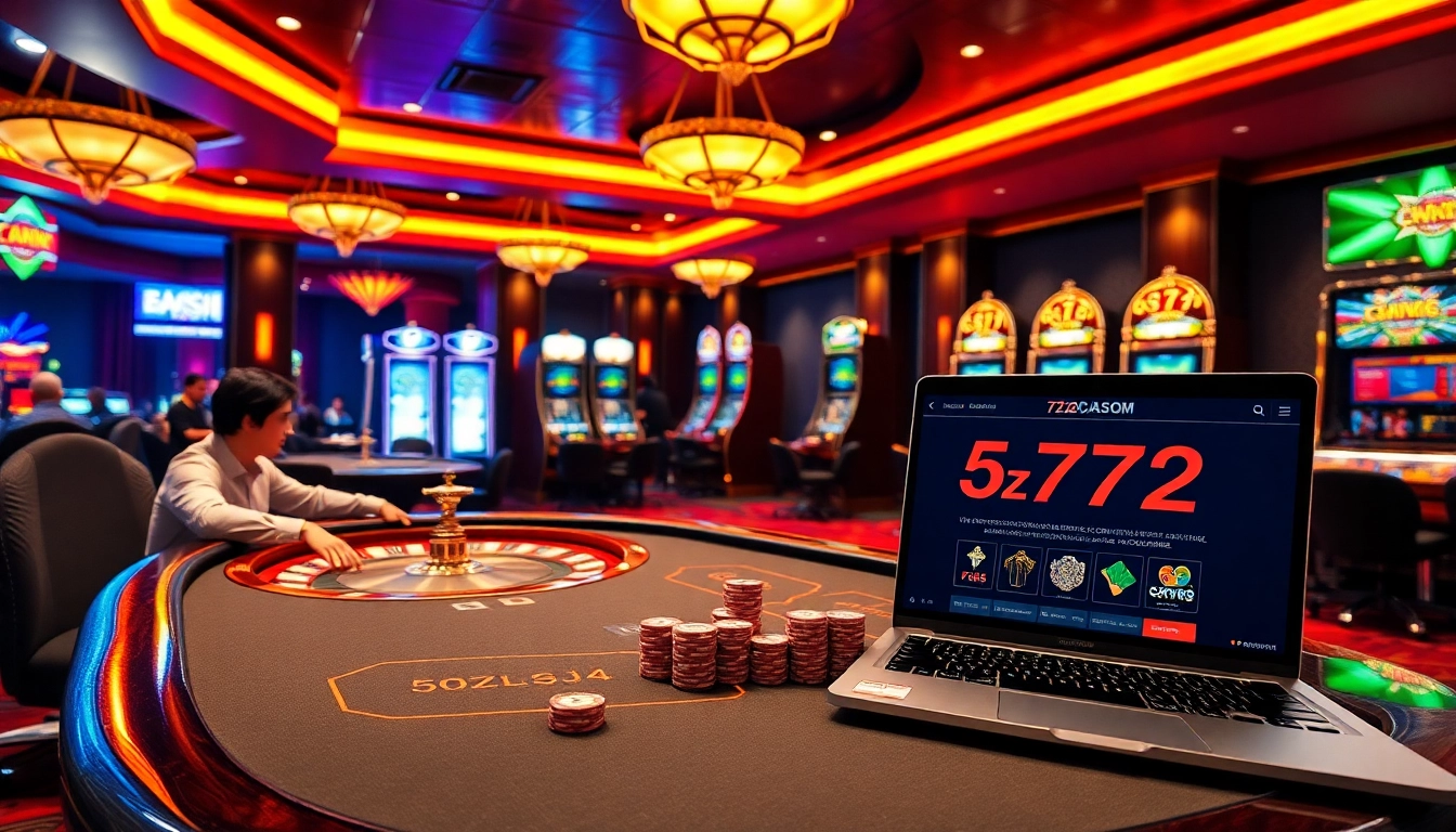 Experience the thrill of gaming at 5z7772 com with a stunning poker scene and vibrant casino elements.
