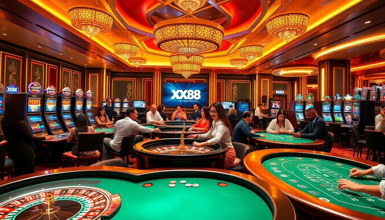 High-stakes gaming at XX88 casino showcasing thrilling roulette, poker, and slot machines.