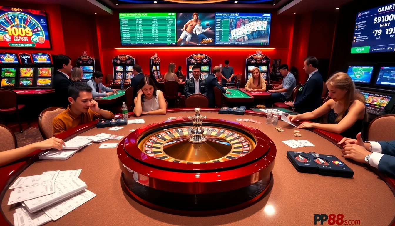 Casino players enjoying thrilling games at https://pg88sr.com/ with vibrant slot machines and roulette.