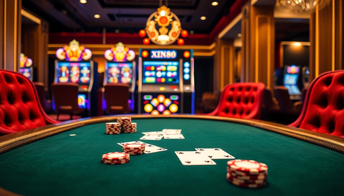 A vibrant casino poker scene featuring xin88's luxurious table and colorful chips.