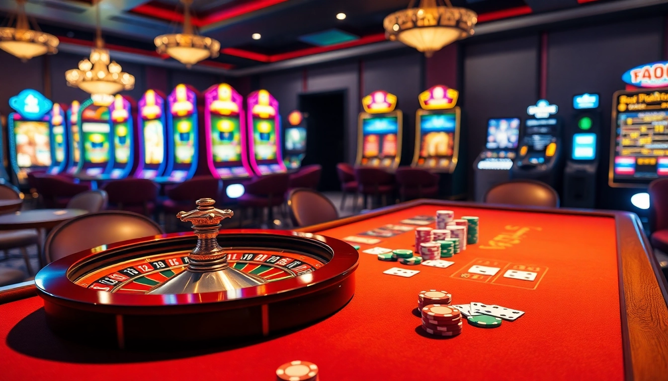 Bet88 casino scene showcasing vibrant gaming action with cards, chips, and a roulette wheel.