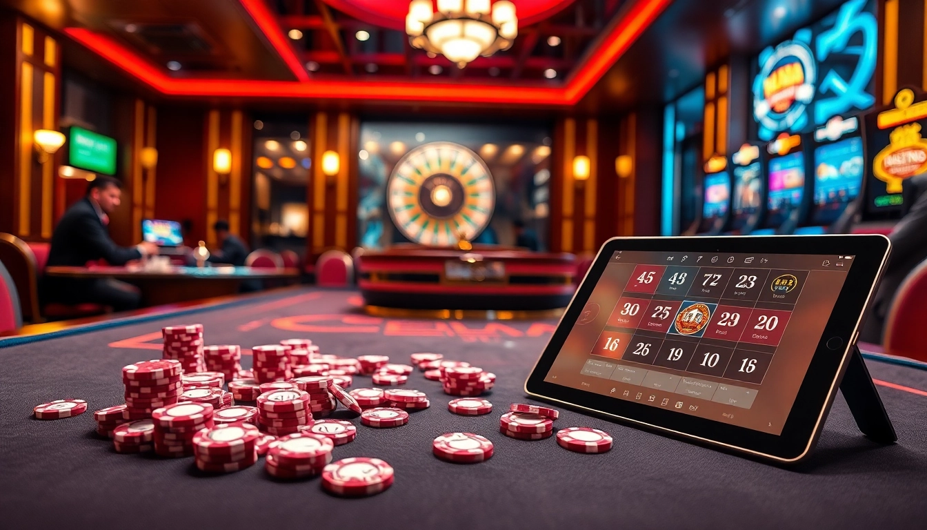 Experience the excitement at LUCK8 COM with vibrant poker chips and a thrilling roulette wheel in a luxurious casino.