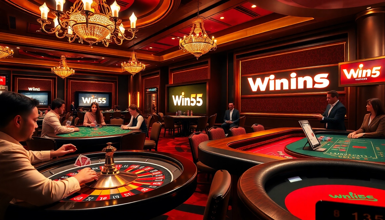 Win55 casino scene with players engaged in a high-stakes poker game and illuminated roulette wheel.
