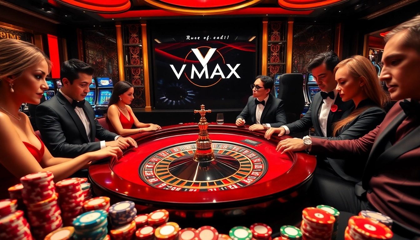 VMAX casino experience with players at a roulette table showcasing excitement and luxury.