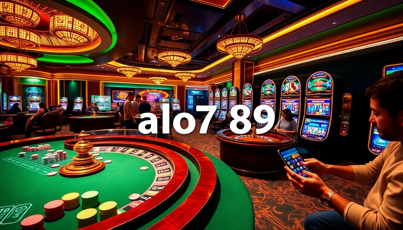 Alo789 players engaging in thrilling online casino games with vibrant slot machines and poker tables