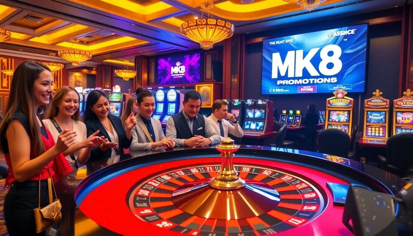 Excited players engage at the MK8 casino, betting on roulette and enjoying vibrant gaming atmosphere.
