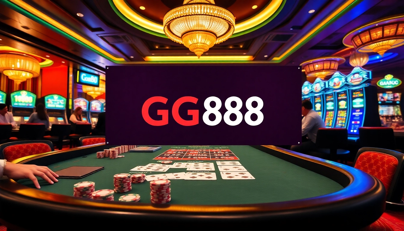 GG88 players engaging in an exciting casino experience with vibrant poker chips and a roulette wheel.
