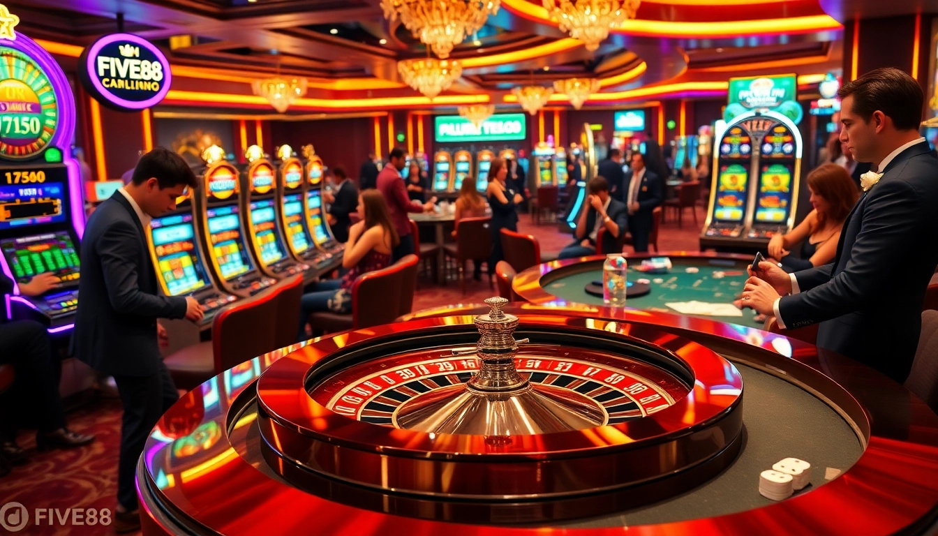 Experience the excitement of FIVE88 as players strategize around a vibrant casino table with glamorous gaming elements.