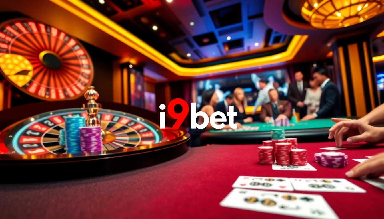 Experience thrilling gameplay at i9bet's luxurious casino with vibrant roulette and poker tables.