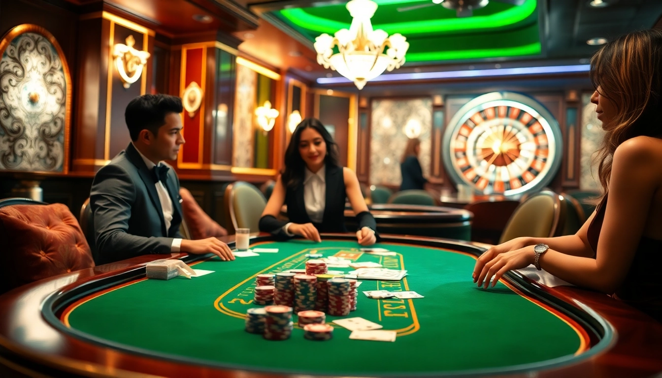 Players strategically engage in a thrilling poker game at New888 casino, showcasing vibrant colors and excitement.