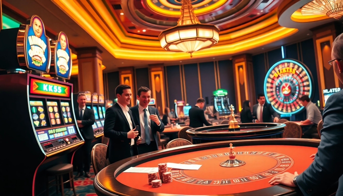Players at a luxurious casino immerse in KK55 gaming excitement at the poker table.