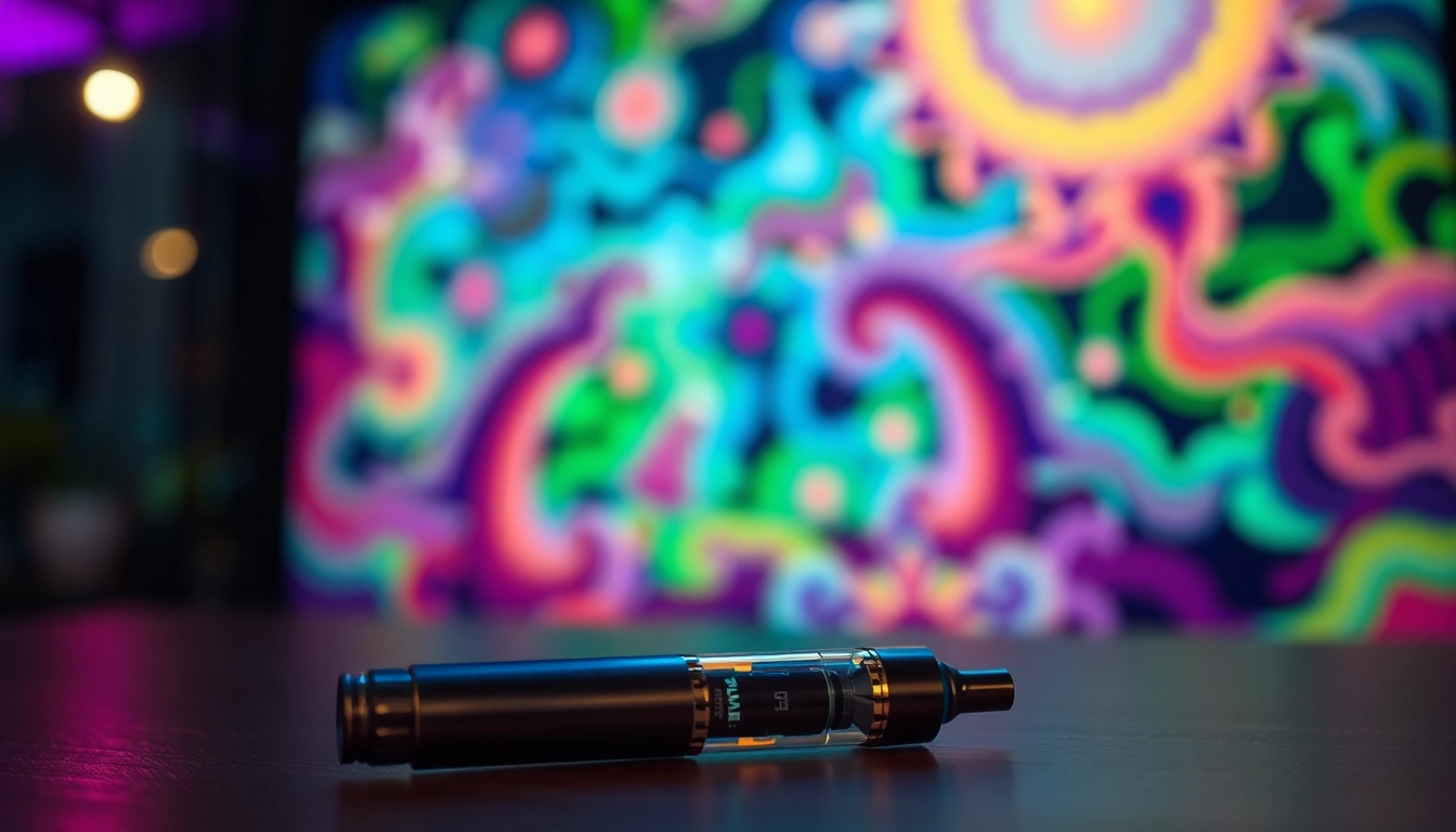Buy DMT vape pen showcased among psychedelic art in a vibrant setting.