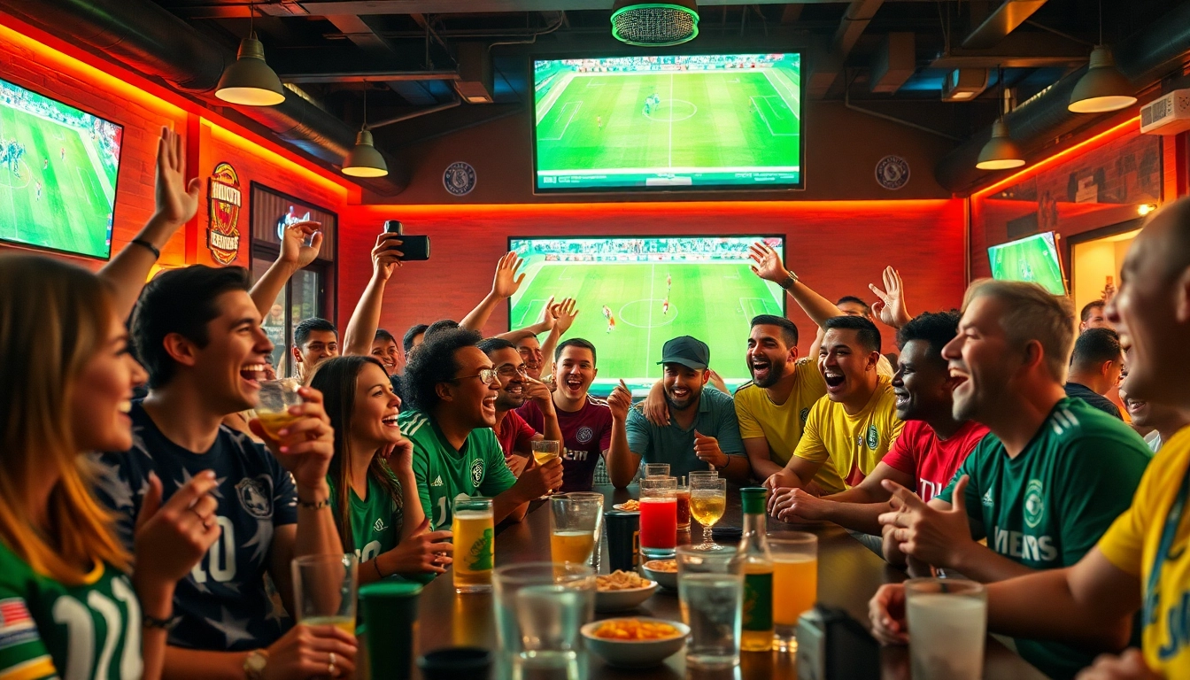 Excited football fans celebrating at a sports bar while watching live matches on https://vaoluoitv.it.com.