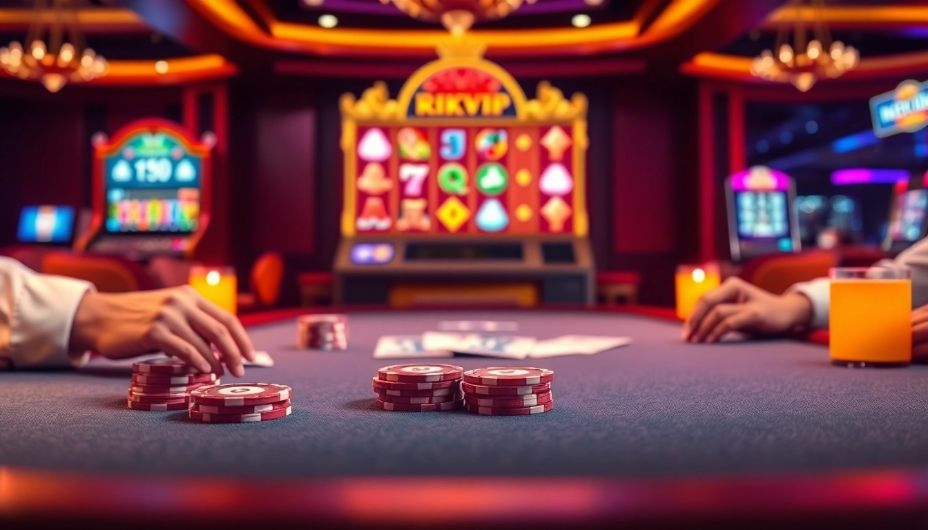 Experience thrilling RIKVIP gaming at an elegant poker table brimming with actions and excitement.