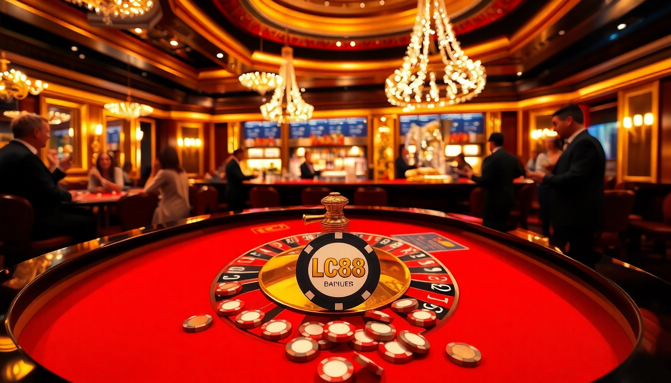Exciting casino scene with LC88 poker chip at a roulette table in a luxurious setting.