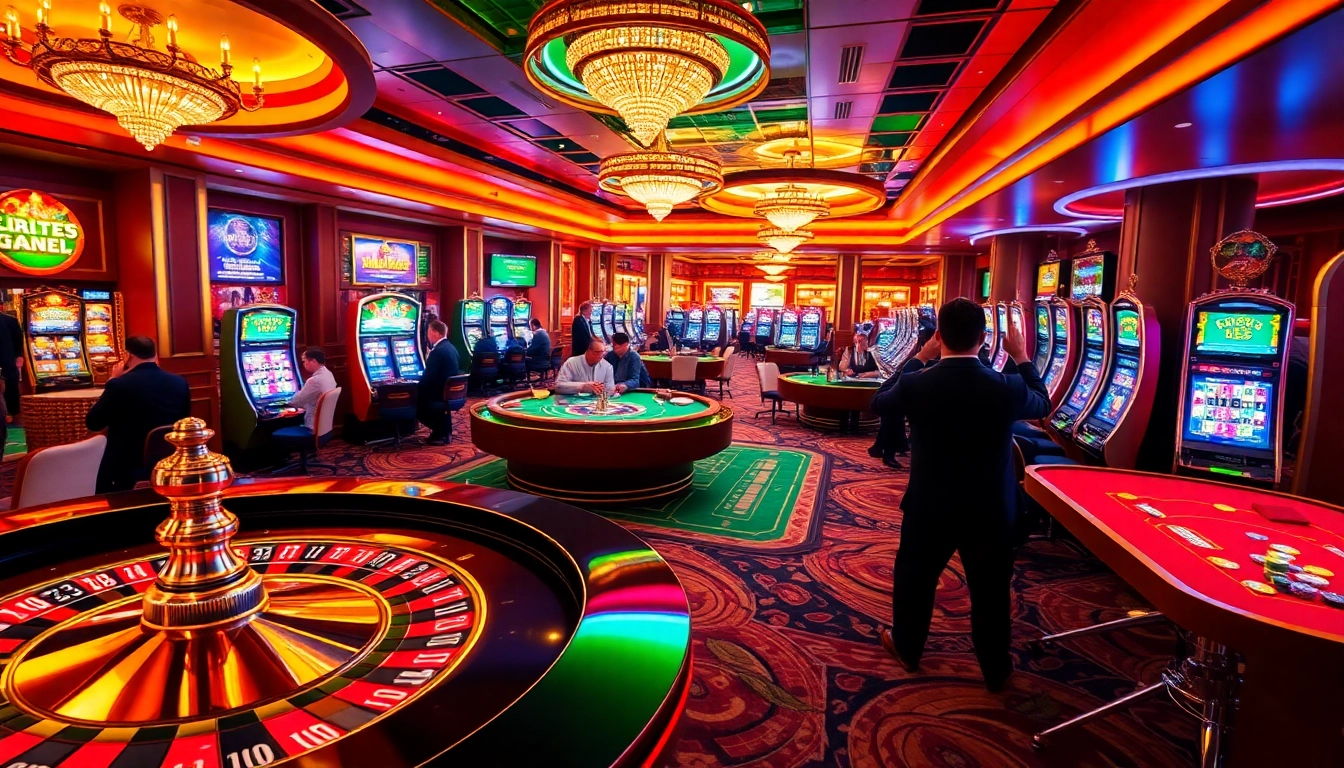 Exciting casino scene featuring Luck8 logo, roulette wheel, and engaged gamers.