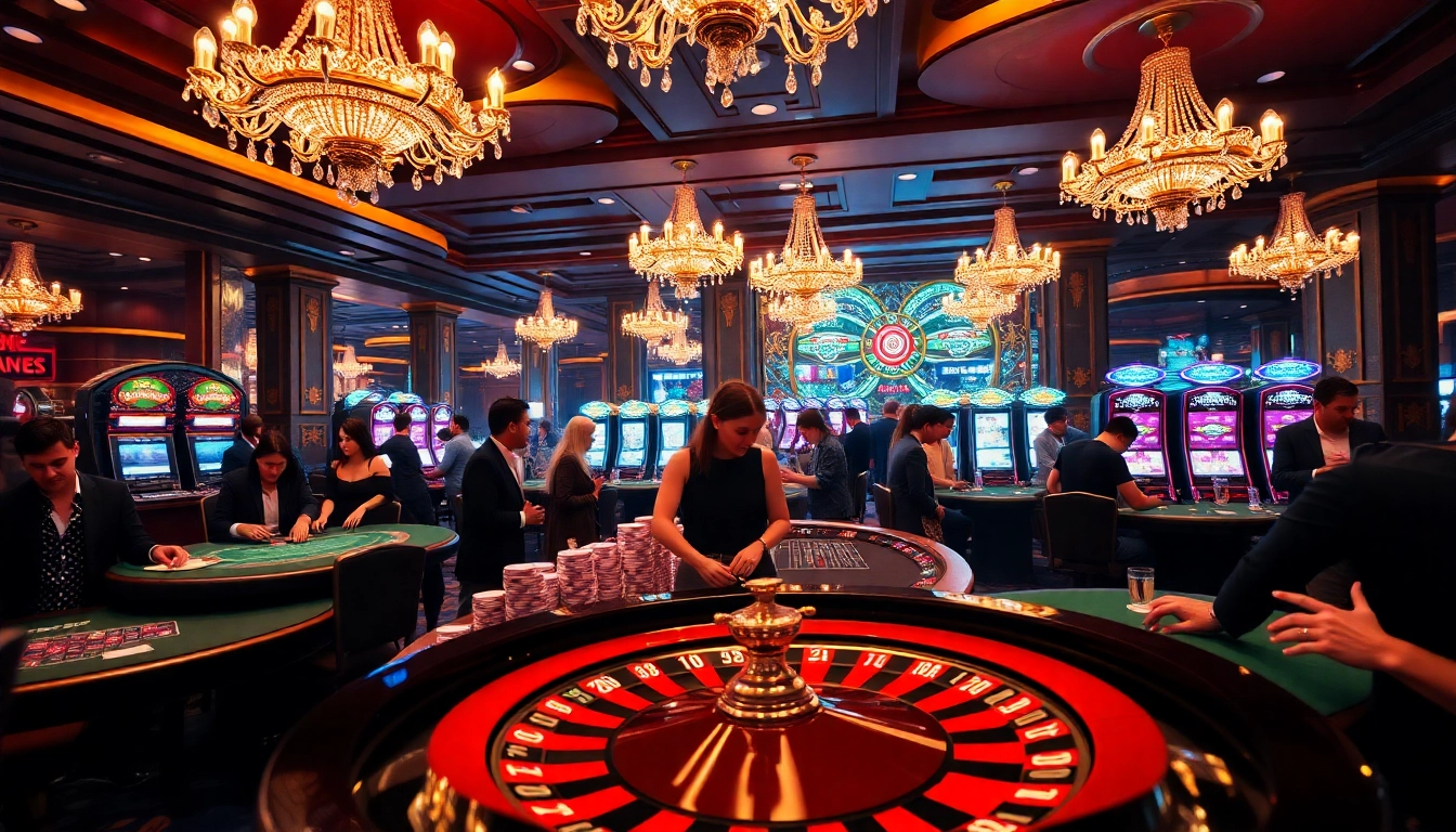Experience the thrill of gambling at a vibrant KJC.pizza casino scene with roulette wheels and poker chips.