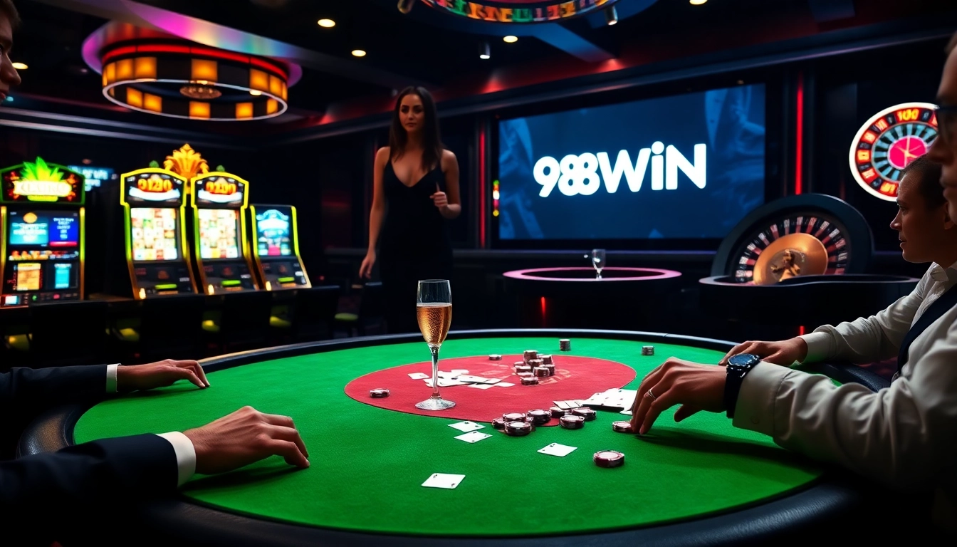 Engaging poker game at a luxurious casino featuring 98WIN elements, vibrant atmosphere with chips and players.