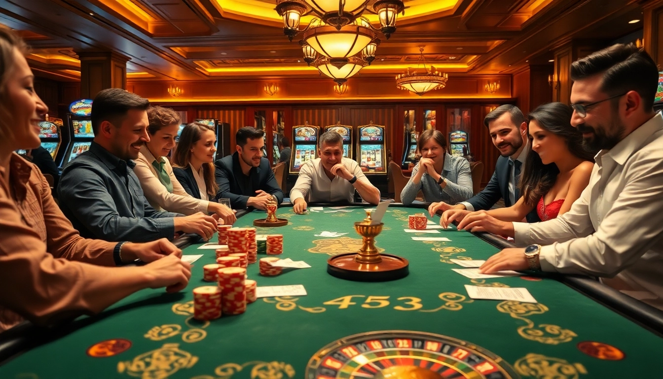 B52 gaming table filled with excited players engaging in card games, showcasing vibrant gambling activity.