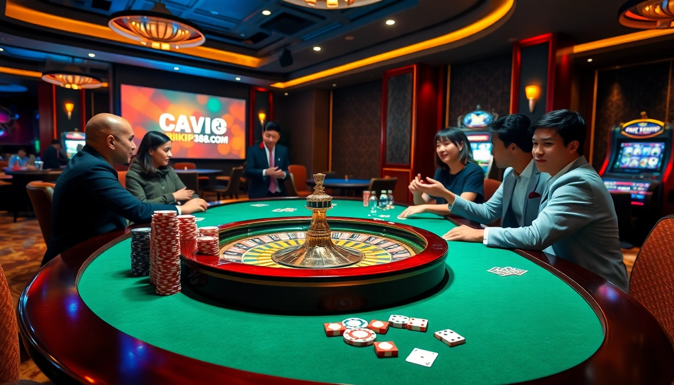 Experience the thrill of betting at rikvip368.com with an exciting casino scene featuring roulette and players.